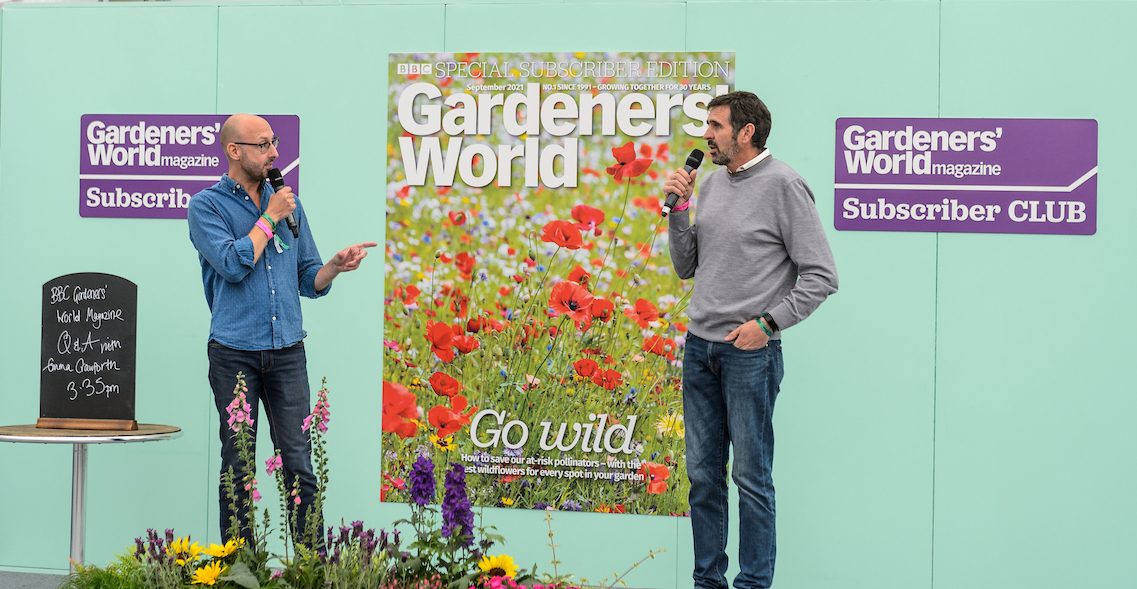 Celebrity gardeners Kevin Smith and Adam Frost talking live on stage at BBC Gardeners' World Live