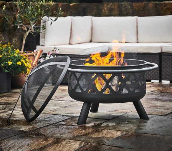 Peaktop by Teamson Home Large Garden Wood Burning Fire Pit, Outdoor Furniture Firepit, Log Burner with Lid & Poker